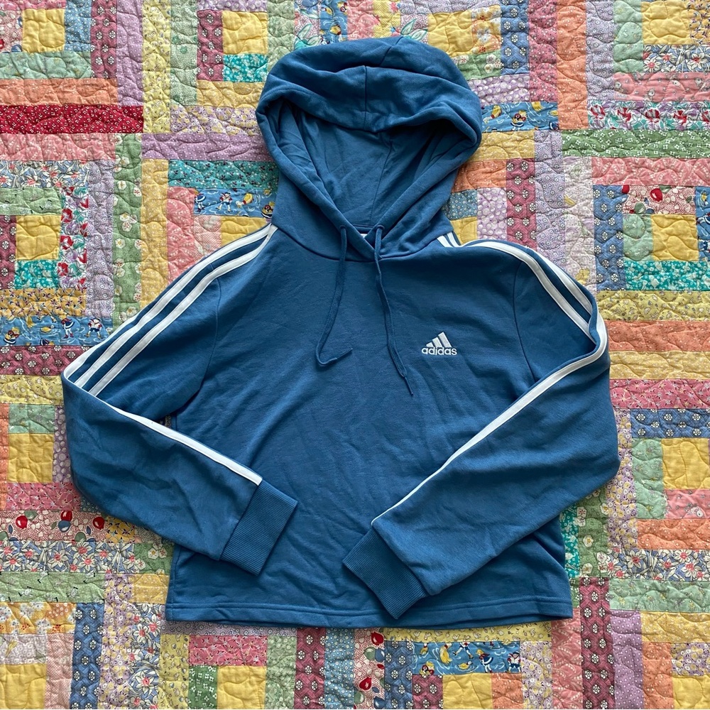 Small cropped Adidas 3 striped hoodie blue